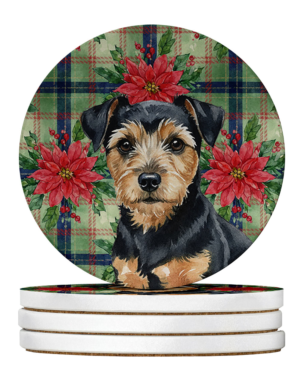 Black and Tan Norfolk Terrier Christmas PoinsettIas Large Sandstone Coasters Pack of 4 Absorbent Round Coasters Decor Gifts for Men or Women, 4 in, Multicolor