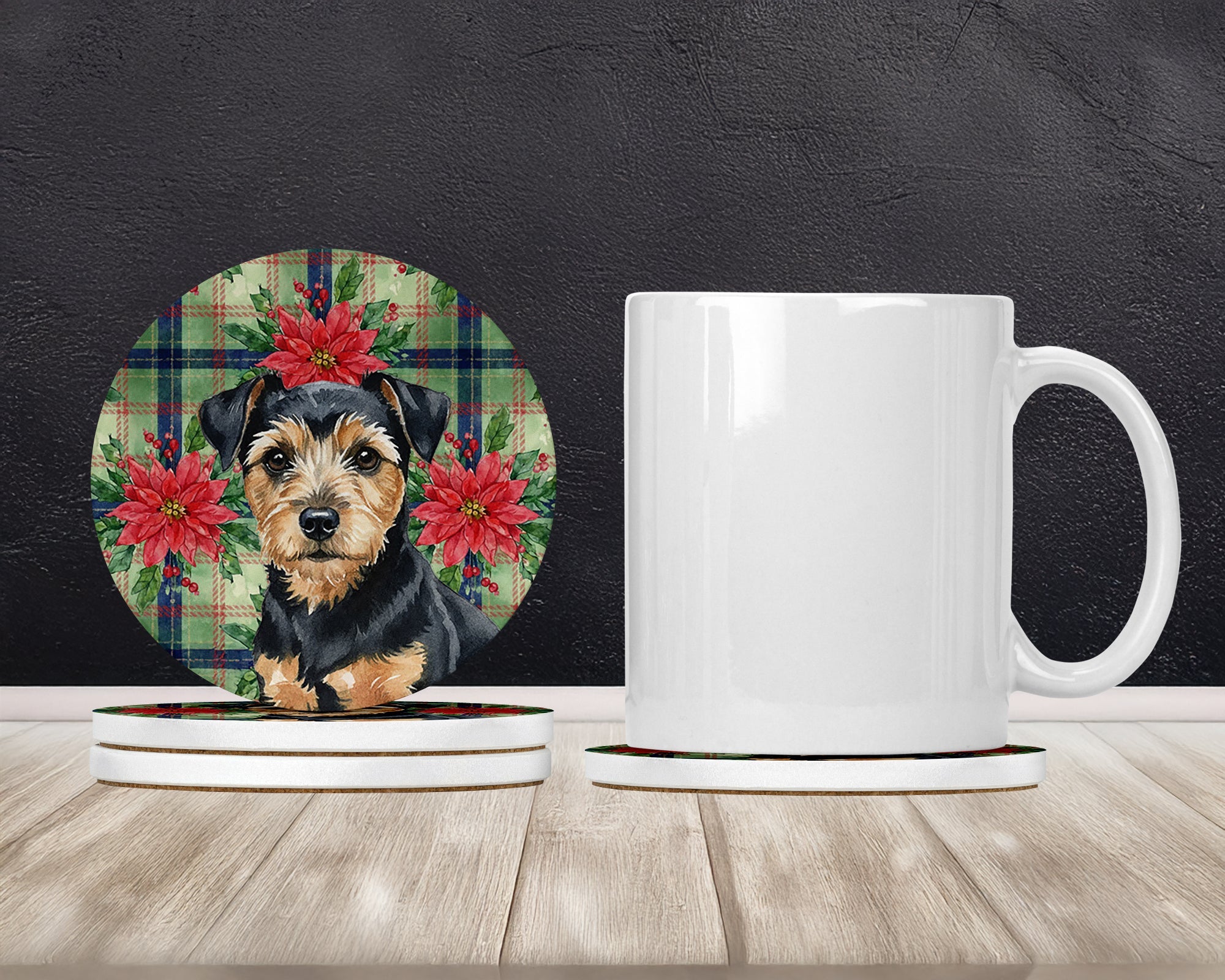 Black and Tan Norfolk Terrier Christmas PoinsettIas Large Sandstone Coasters Pack of 4 Absorbent Round Coasters Decor Gifts for Men or Women, 4 in, Multicolor