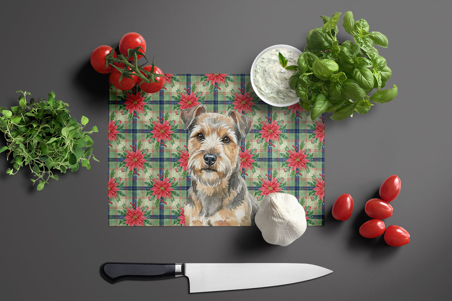 Grizzle and Tan Norfolk Terrier Christmas PoinsettIas Cutting Board Tempered Glass Kitchen Cutting Surface, Heat Resistant Chopping, Non-Slip Feet, Food Prep & Serving