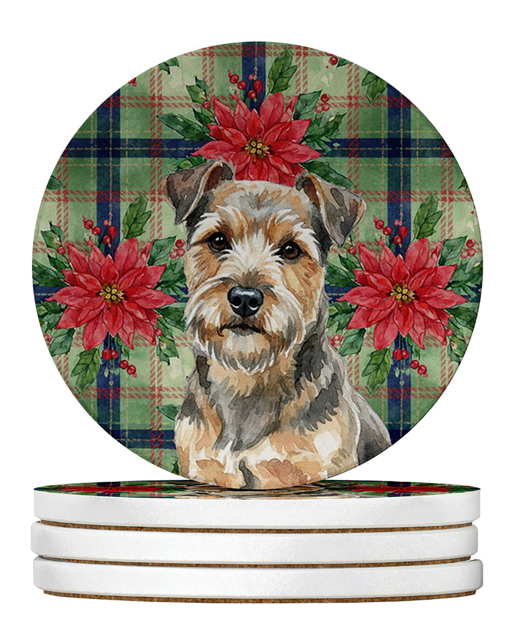 Grizzle and Tan Norfolk Terrier Christmas PoinsettIas Large Sandstone Coasters Pack of 4 Absorbent Round Coasters Decor Gifts for Men or Women, 4 in, Multicolor