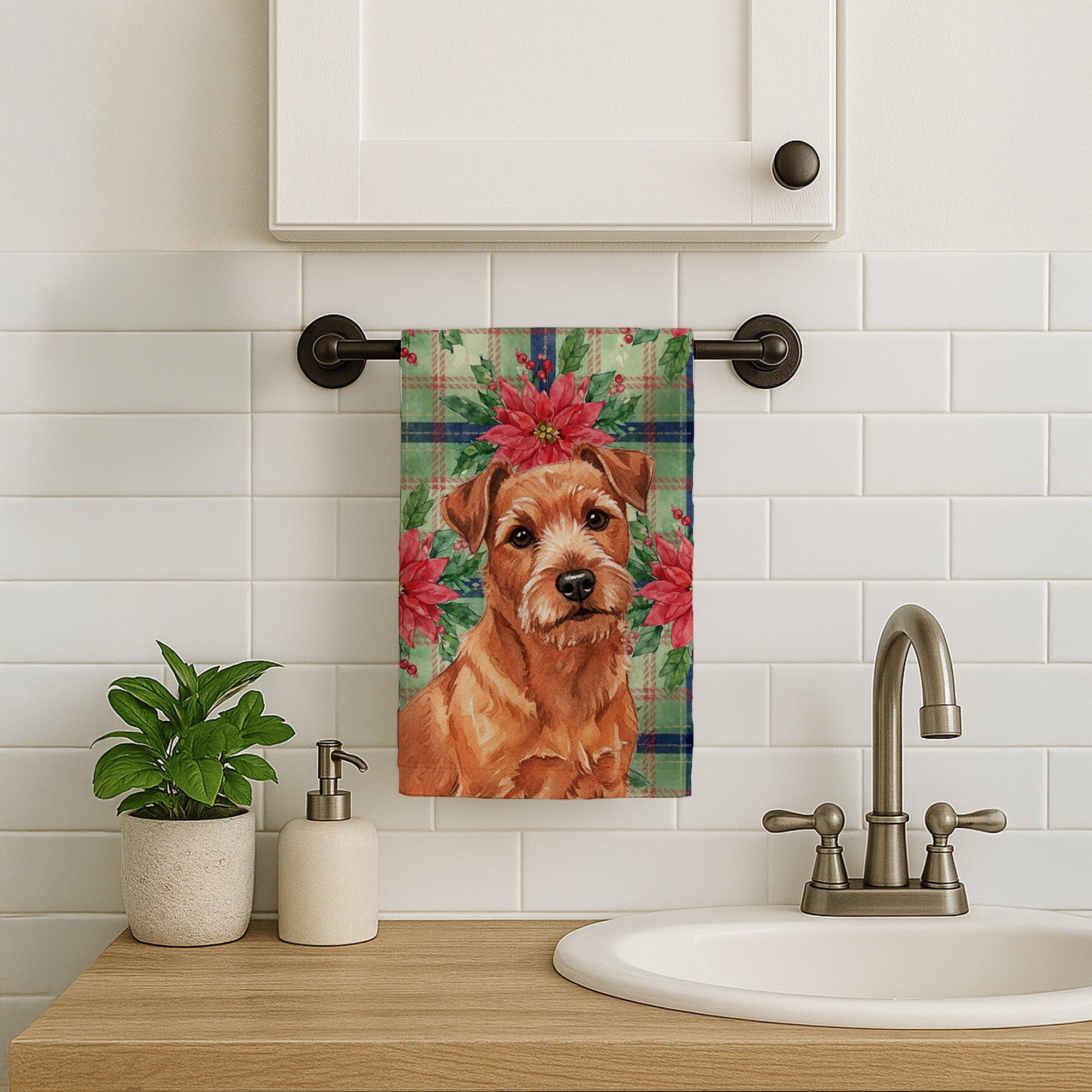 Red Norfolk Terrier Christmas PoinsettIas Kitchen Towel Velour Plush Front and Cotton Loop Back Machine Washable