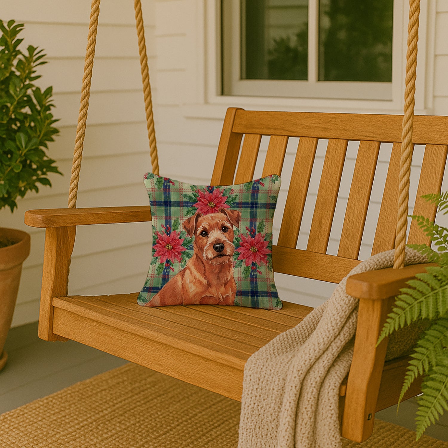 Red Norfolk Terrier Christmas PoinsettIas Decorative Throw Pillow 14x14 Indoor Outdoor Accent Cushion, Fabric Cover with Insert for Sofa, Bed, Porch & Living Room