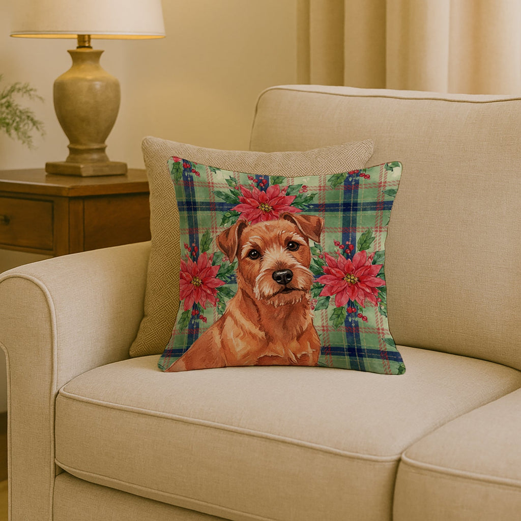 Red Norfolk Terrier Christmas PoinsettIas Decorative Throw Pillow 18x18 Indoor Outdoor Accent Cushion, Fabric Cover with Insert for Sofa, Bed, Porch & Living Room