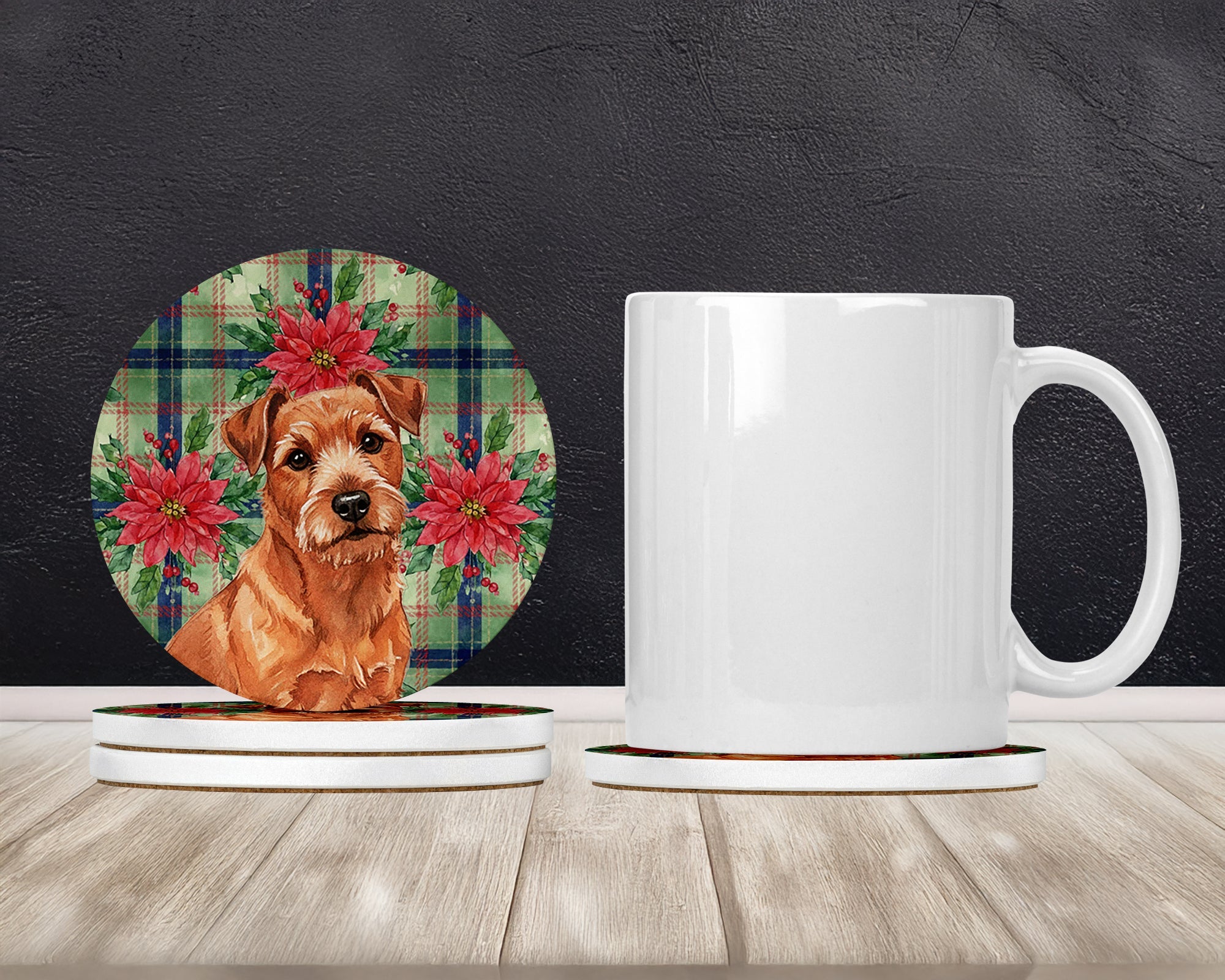 Red Norfolk Terrier Christmas PoinsettIas Large Sandstone Coasters Pack of 4 Absorbent Round Coasters Decor Gifts for Men or Women, 4 in, Multicolor
