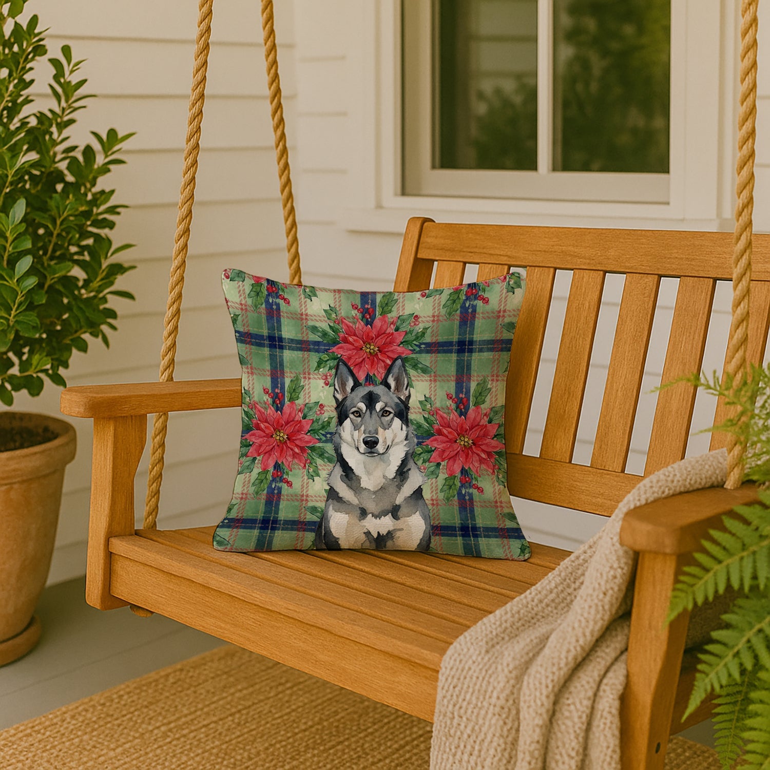 Norwegian Elkhound Christmas PoinsettIas Decorative Throw Pillow 18x18 Indoor Outdoor Accent Cushion, Fabric Cover with Insert for Sofa, Bed, Porch & Living Room