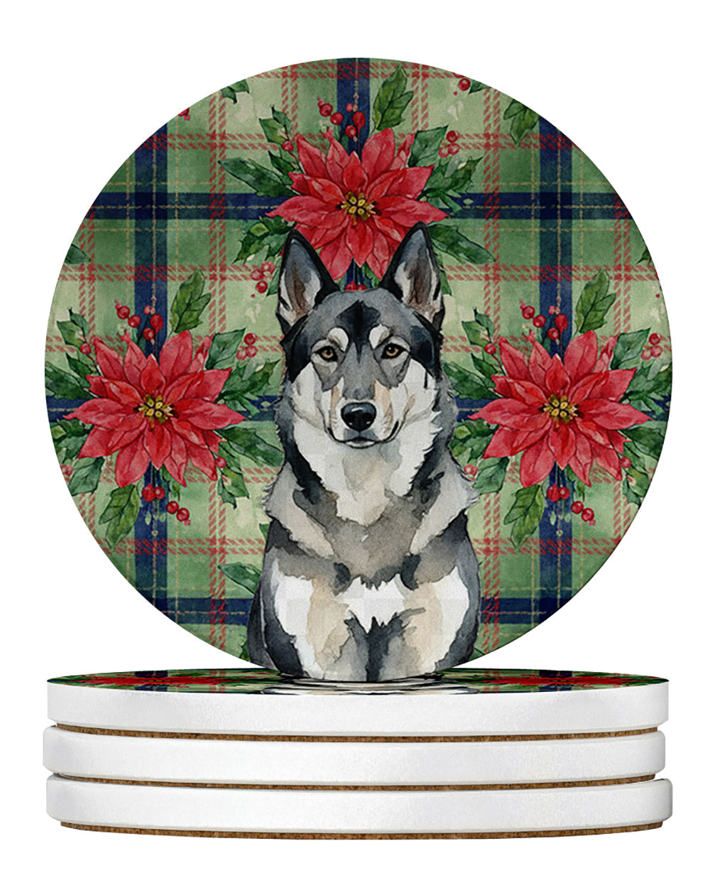 Norwegian Elkhound Christmas PoinsettIas Large Sandstone Coasters Pack of 4 Absorbent Round Coasters Decor Gifts for Men or Women, 4 in, Multicolor