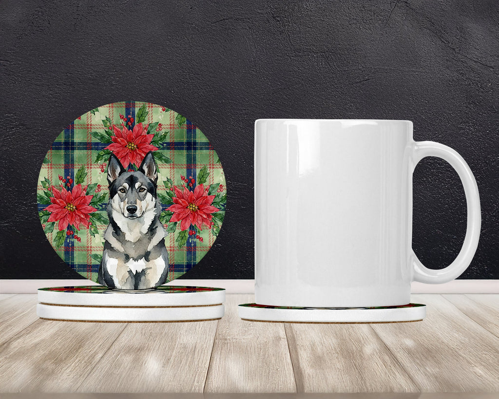 Norwegian Elkhound Christmas PoinsettIas Large Sandstone Coasters Pack of 4 Absorbent Round Coasters Decor Gifts for Men or Women, 4 in, Multicolor