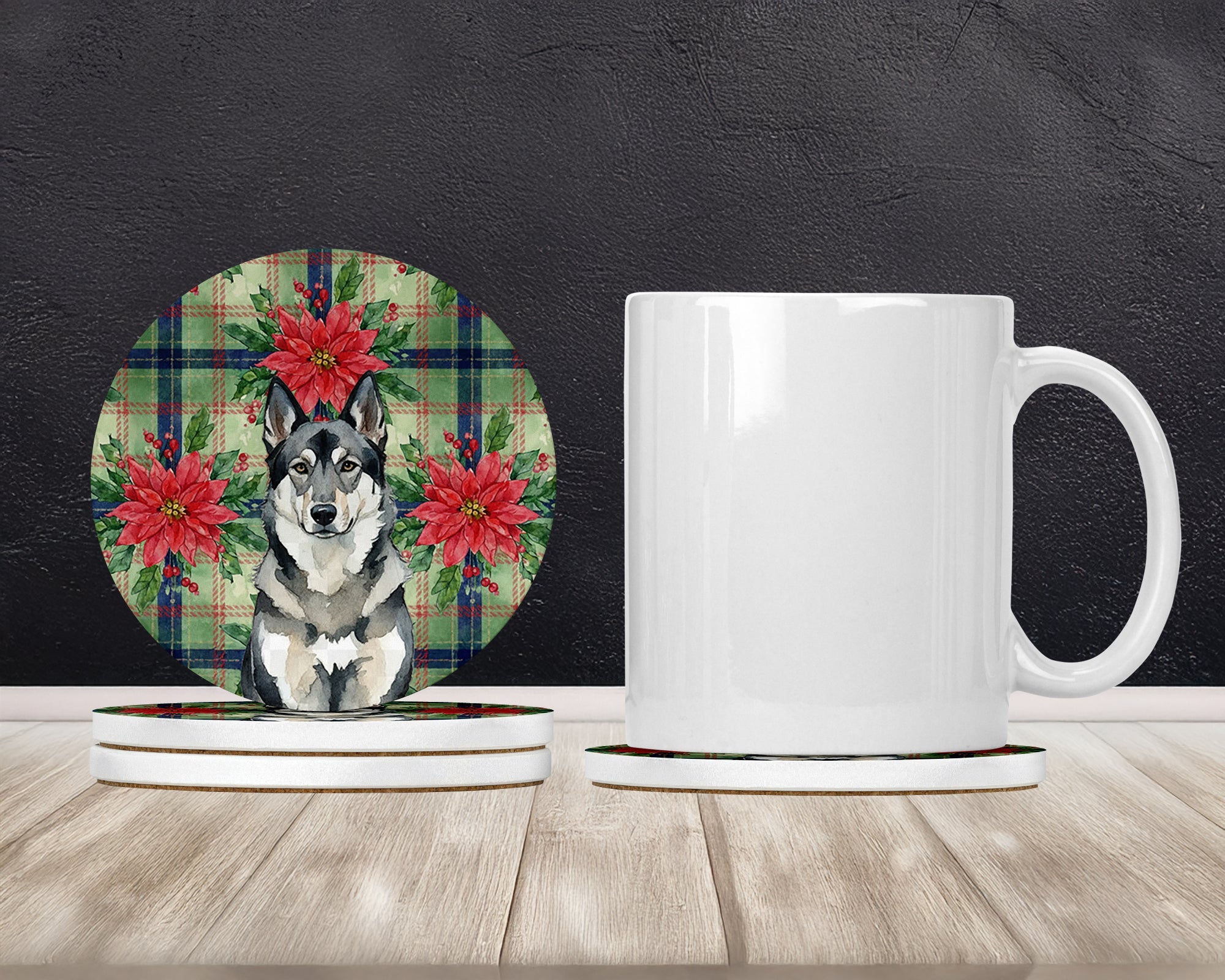 Norwegian Elkhound Christmas PoinsettIas Large Sandstone Coasters Pack of 4 Absorbent Round Coasters Decor Gifts for Men or Women, 4 in, Multicolor
