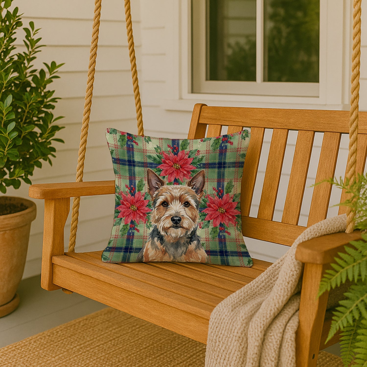Norwich Terrier Christmas PoinsettIas Decorative Throw Pillow 18x18 Indoor Outdoor Accent Cushion, Fabric Cover with Insert for Sofa, Bed, Porch & Living Room