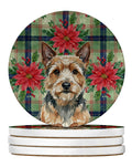 Norwich Terrier Christmas PoinsettIas Large Sandstone Coasters Pack of 4 Absorbent Round Coasters Decor Gifts for Men or Women, 4 in, Multicolor