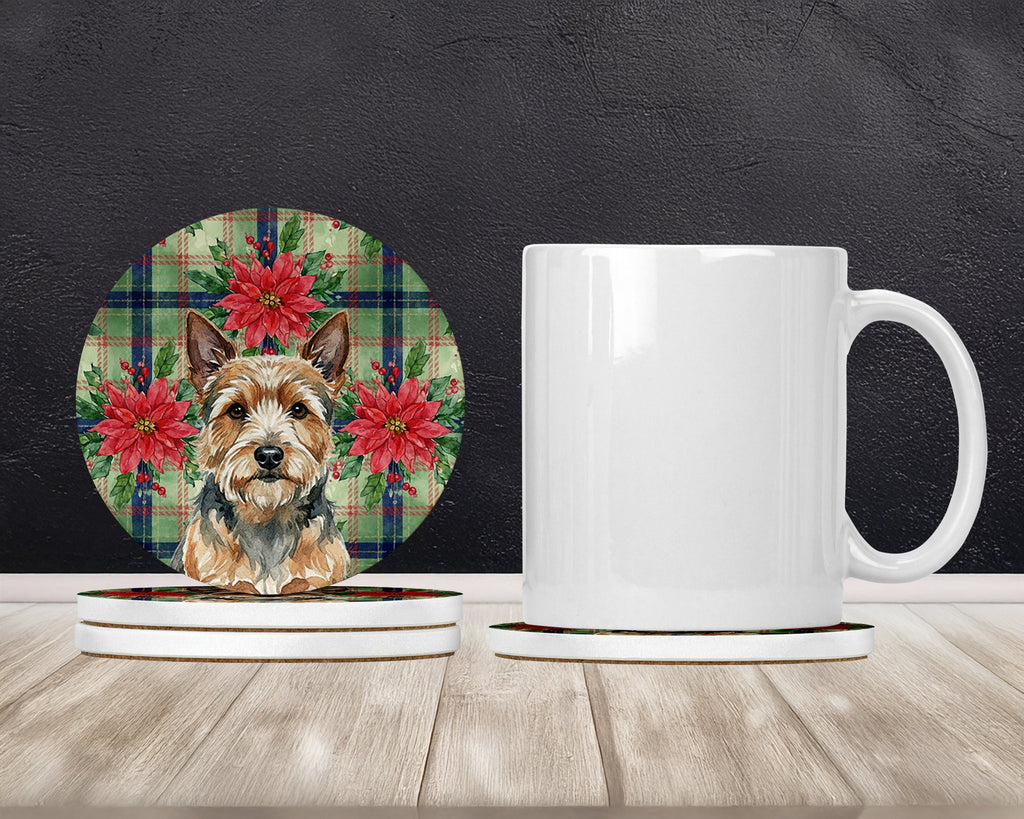 Norwich Terrier Christmas PoinsettIas Large Sandstone Coasters Pack of 4 Absorbent Round Coasters Decor Gifts for Men or Women, 4 in, Multicolor