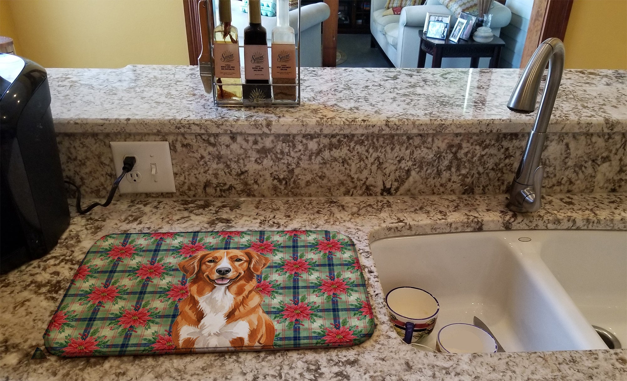 Orange Nova Scotia Duck Tolling Retriever Christmas PoinsettIas Dish Drying Mat Absorbent Dish Drying Mat Pad for Kitchen Counter Dish Drainer Mat for Countertop, 14 x 21", Multicolor