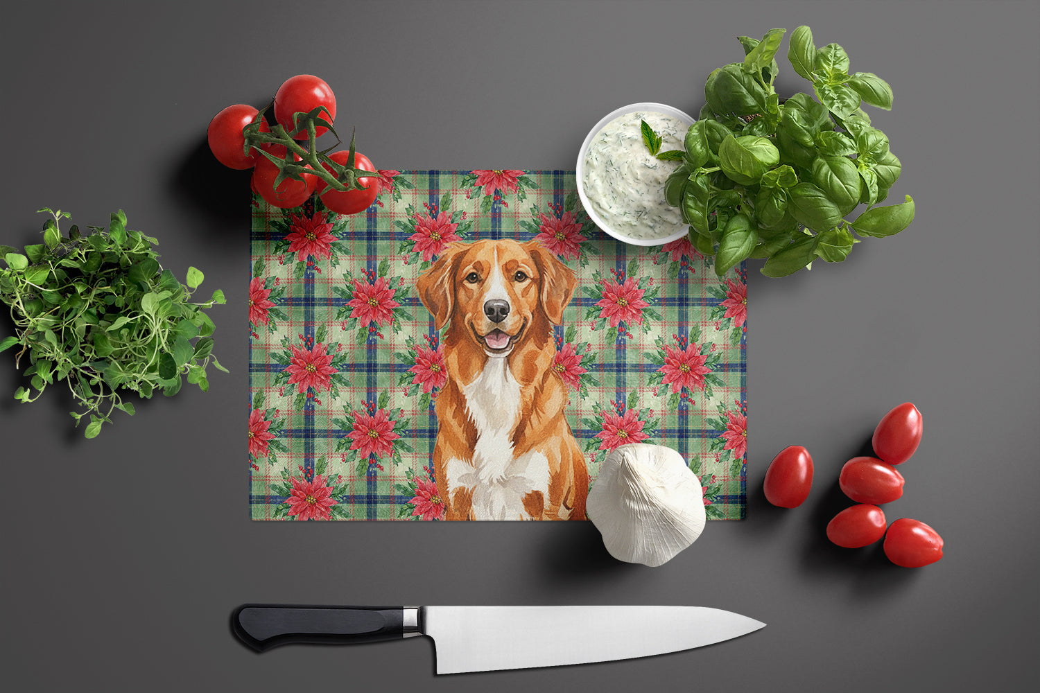 Orange Nova Scotia Duck Tolling Retriever Christmas PoinsettIas Cutting Board Tempered Glass Kitchen Cutting Surface, Heat Resistant Chopping, Non-Slip Feet, Food Prep & Serving