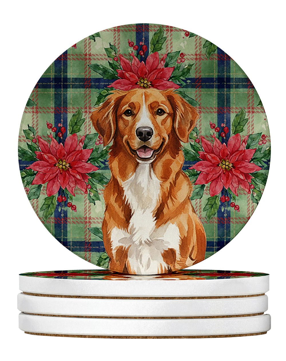 Orange Nova Scotia Duck Tolling Retriever Christmas PoinsettIas Large Sandstone Coasters Pack of 4 Absorbent Round Coasters Decor Gifts for Men or Women, 4 in, Multicolor