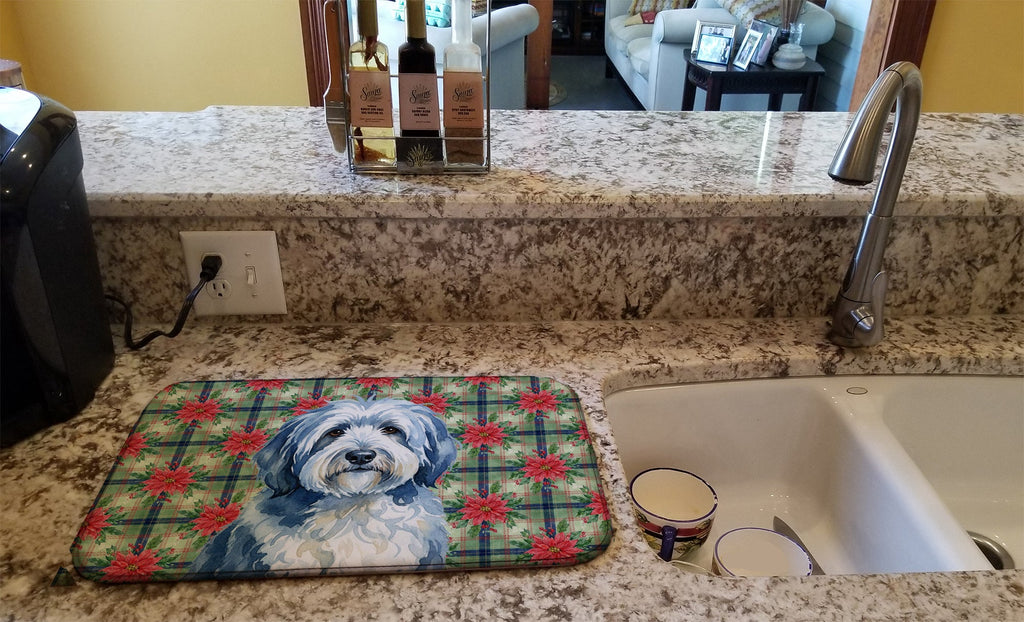 Blue and White Old English Sheepdog Christmas PoinsettIas Dish Drying Mat Absorbent Dish Drying Mat Pad for Kitchen Counter Dish Drainer Mat for Countertop, 14 x 21", Multicolor