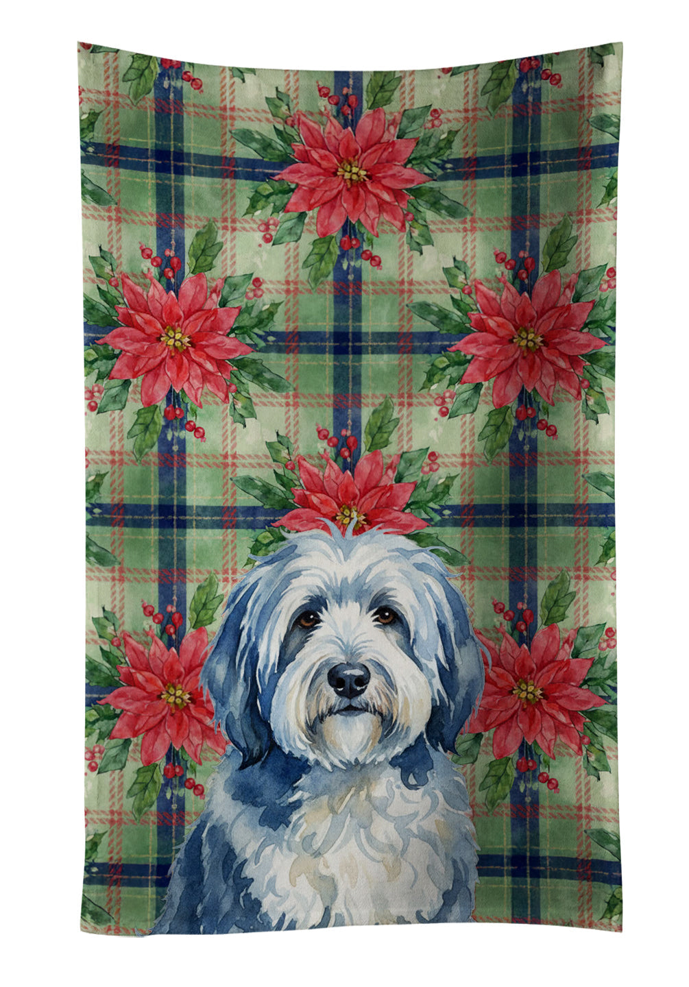 Blue and White Old English Sheepdog Christmas PoinsettIas Kitchen Towel Velour Plush Front and Cotton Loop Back Machine Washable