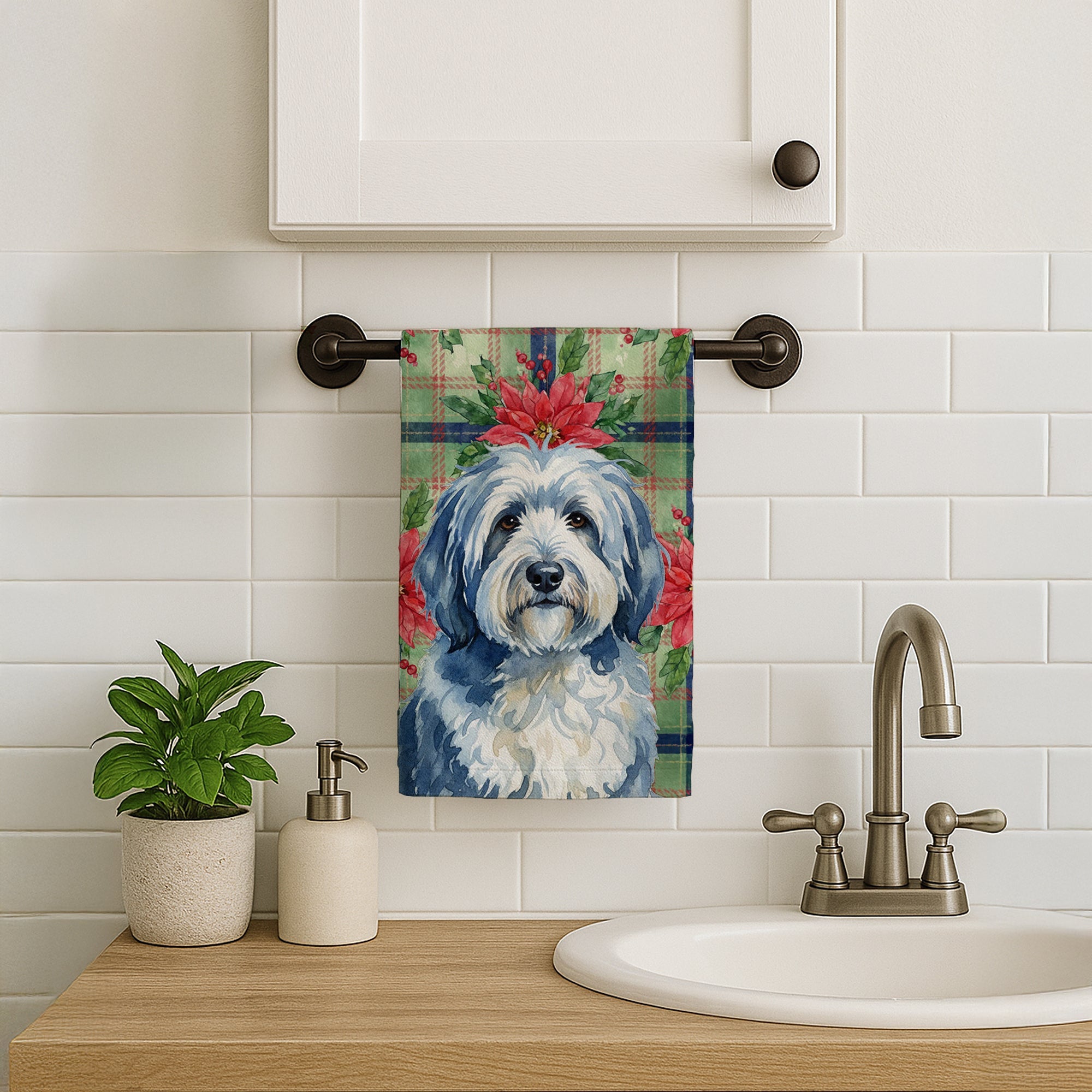 Blue and White Old English Sheepdog Christmas PoinsettIas Kitchen Towel Velour Plush Front and Cotton Loop Back Machine Washable