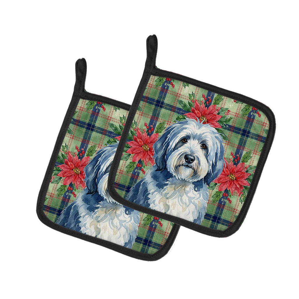 Blue and White Old English Sheepdog Christmas PoinsettIas Pot Holder Set of 2 Heat Resistant Quilted Hot Pads 7.5 x 7.5 Inch, Insulated Kitchen Trivets for Cooking & Baking