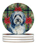 Blue and White Old English Sheepdog Christmas PoinsettIas Large Sandstone Coasters Pack of 4 Absorbent Round Coasters Decor Gifts for Men or Women, 4 in, Multicolor
