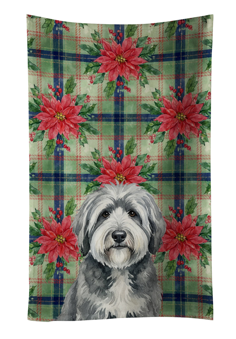 Gray and White Old English Sheepdog Christmas PoinsettIas Kitchen Towel Velour Plush Front and Cotton Loop Back Machine Washable
