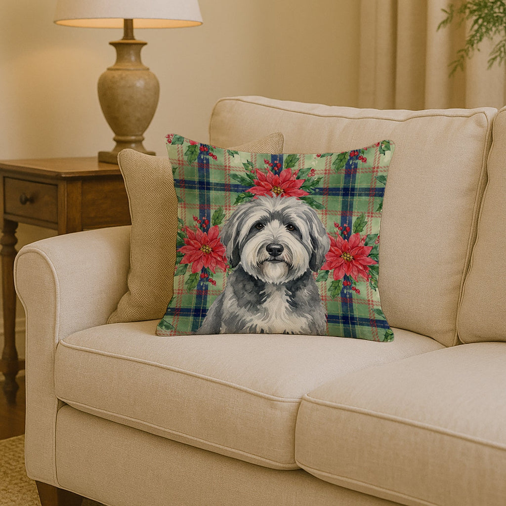 Gray and White Old English Sheepdog Christmas PoinsettIas Decorative Throw Pillow 14x14 Indoor Outdoor Accent Cushion, Fabric Cover with Insert for Sofa, Bed, Porch & Living Room