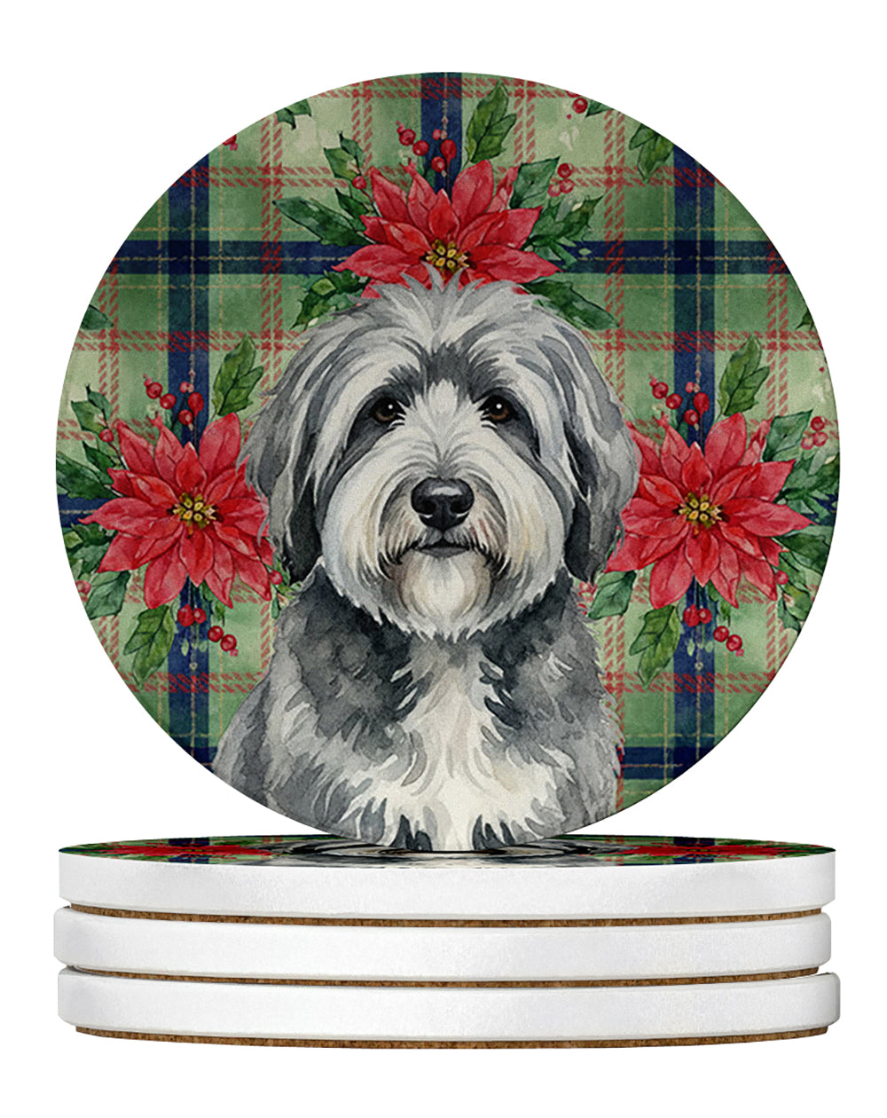 Gray and White Old English Sheepdog Christmas PoinsettIas Large Sandstone Coasters Pack of 4 Absorbent Round Coasters Decor Gifts for Men or Women, 4 in, Multicolor