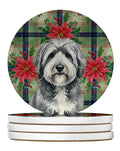 Gray and White Old English Sheepdog Christmas PoinsettIas Large Sandstone Coasters Pack of 4 Absorbent Round Coasters Decor Gifts for Men or Women, 4 in, Multicolor