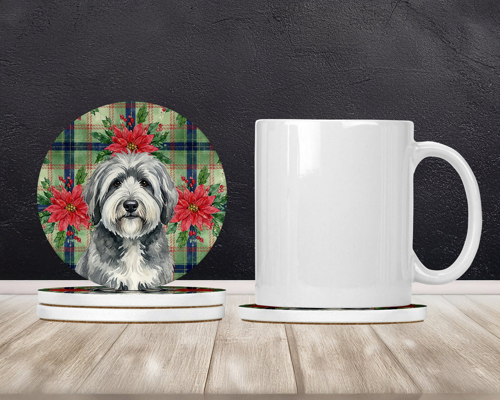 Gray and White Old English Sheepdog Christmas PoinsettIas Large Sandstone Coasters Pack of 4 Absorbent Round Coasters Decor Gifts for Men or Women, 4 in, Multicolor