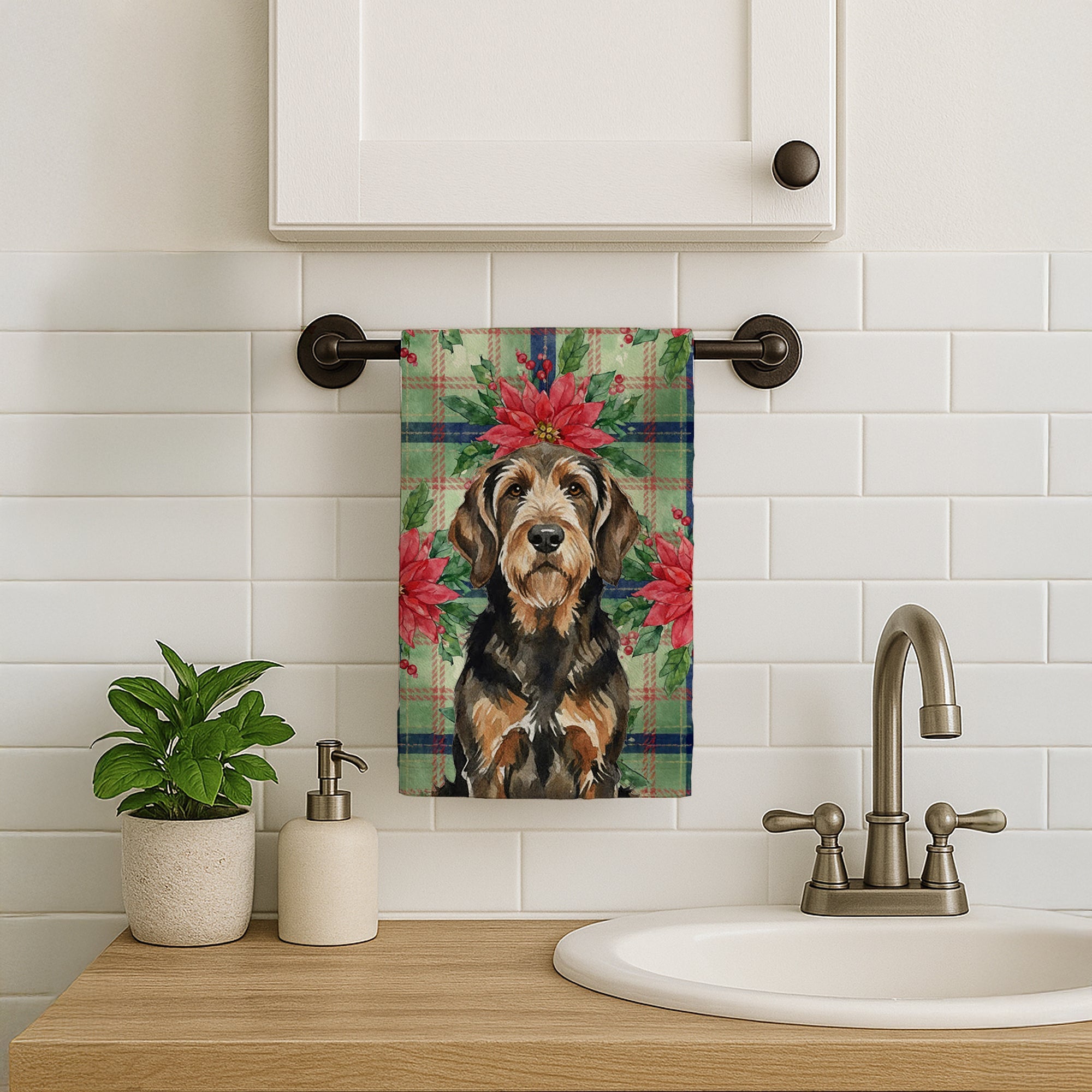 Black and Tan Otterhound Christmas PoinsettIas Kitchen Towel Velour Plush Front and Cotton Loop Back Machine Washable