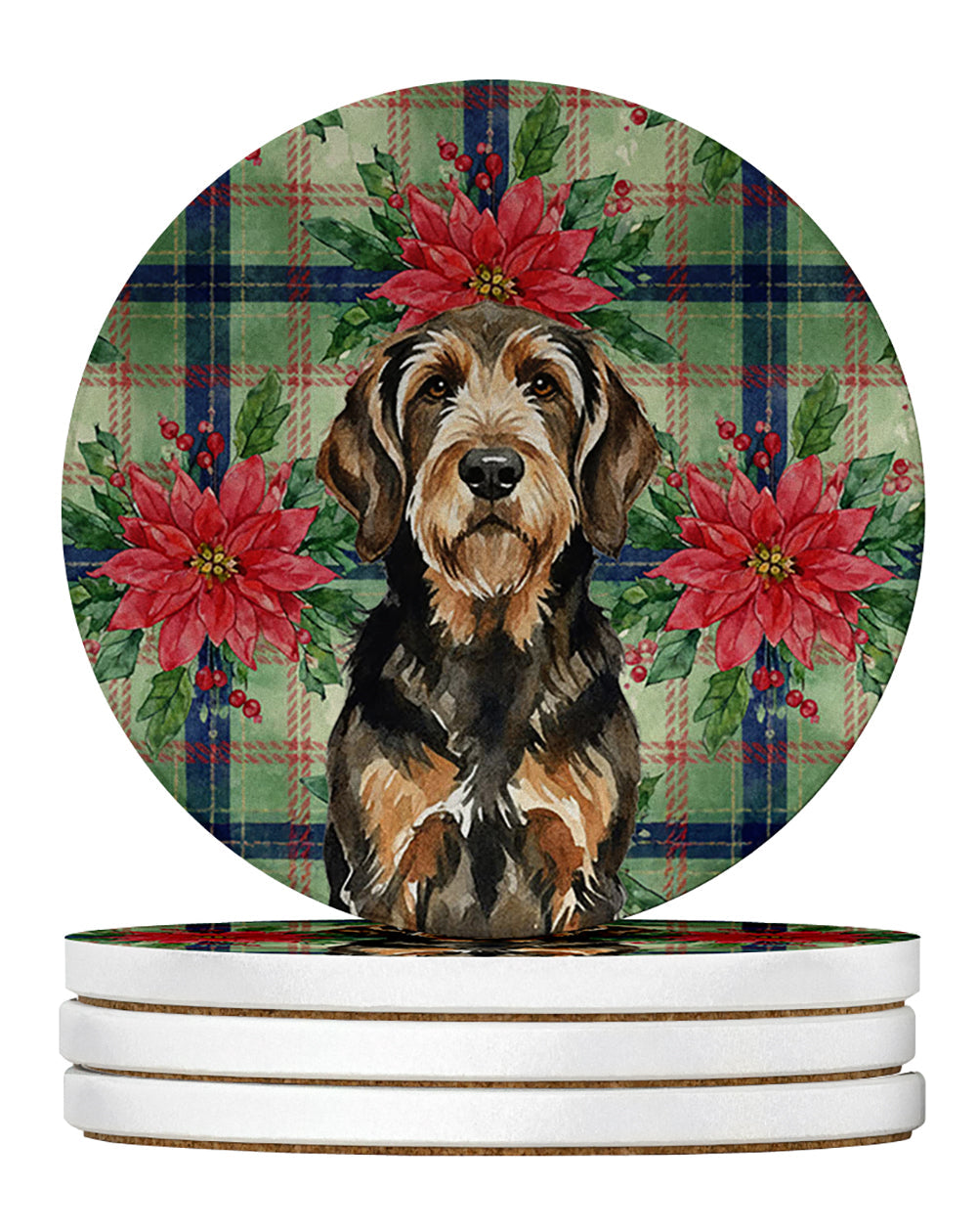 Black and Tan Otterhound Christmas PoinsettIas Large Sandstone Coasters Pack of 4 Absorbent Round Coasters Decor Gifts for Men or Women, 4 in, Multicolor