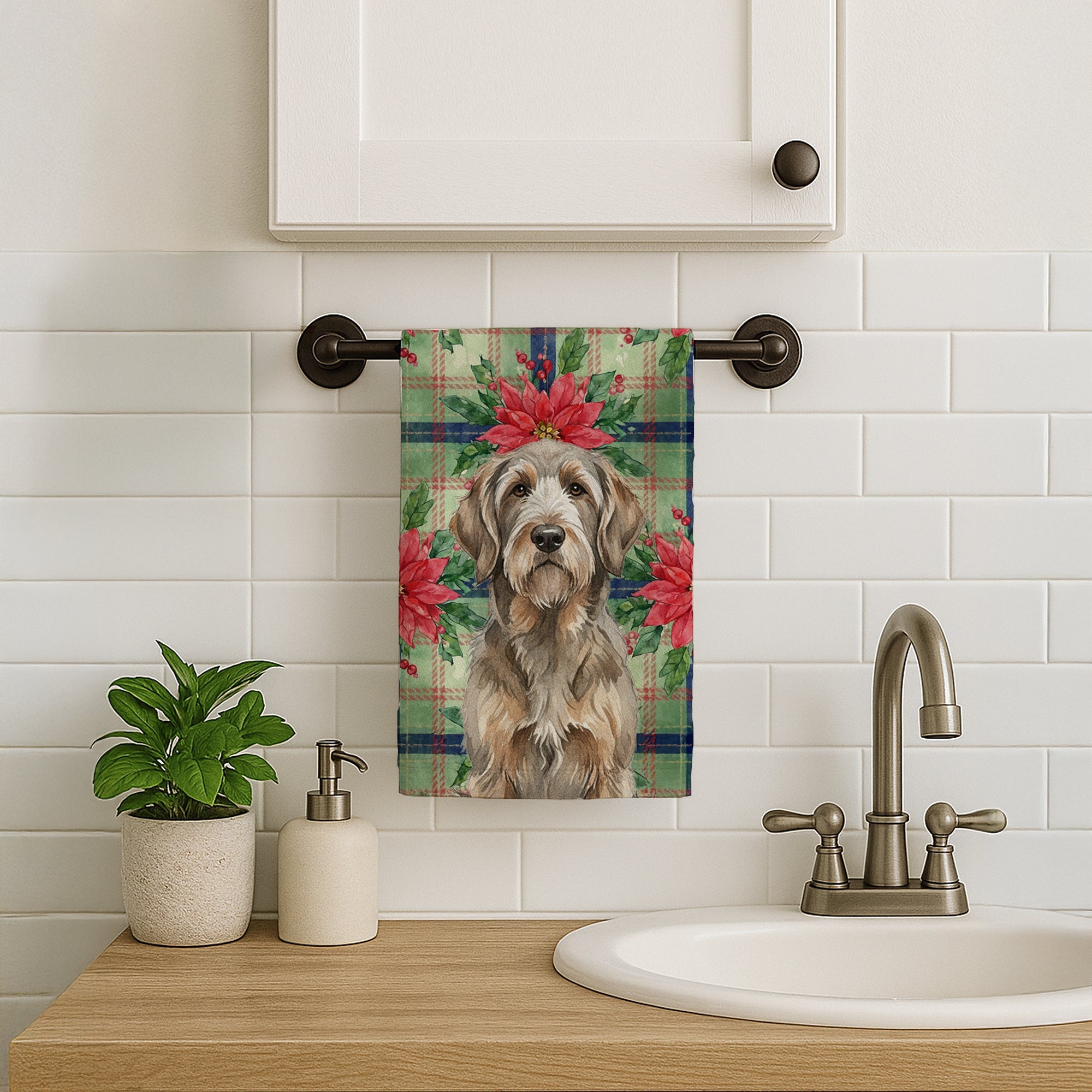 Grizzle and Tan Otterhound Christmas PoinsettIas Kitchen Towel Velour Plush Front and Cotton Loop Back Machine Washable