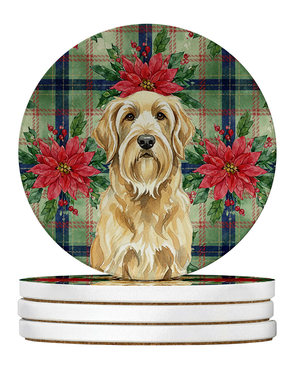 Wheaten and Tan Otterhound Christmas PoinsettIas Large Sandstone Coasters Pack of 4 Absorbent Round Coasters Decor Gifts for Men or Women, 4 in, Multicolor