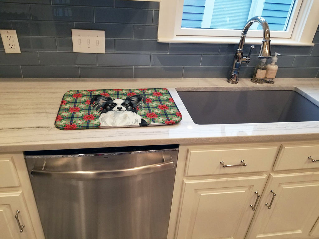 Black and White Papillon Christmas PoinsettIas Dish Drying Mat Absorbent Dish Drying Mat Pad for Kitchen Counter Dish Drainer Mat for Countertop, 14 x 21", Multicolor