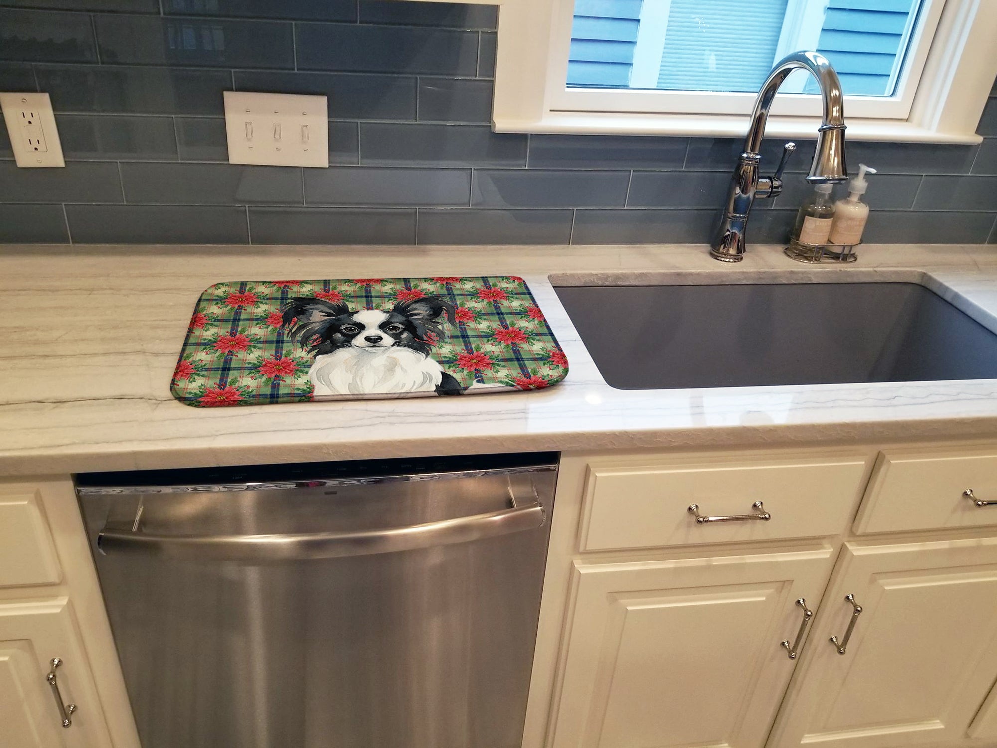 Black and White Papillon Christmas PoinsettIas Dish Drying Mat Absorbent Dish Drying Mat Pad for Kitchen Counter Dish Drainer Mat for Countertop, 14 x 21", Multicolor