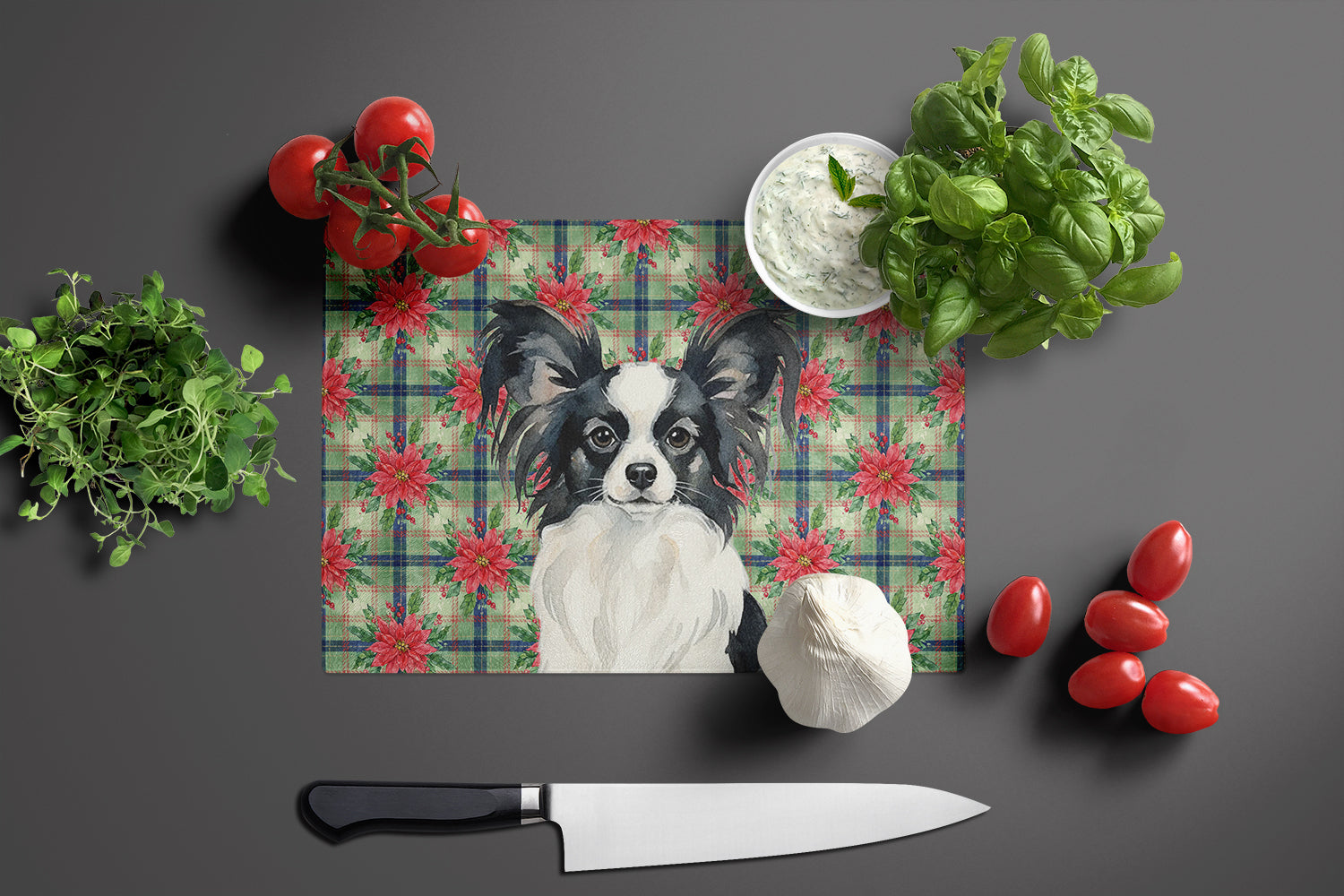 Black and White Papillon Christmas PoinsettIas Cutting Board Tempered Glass Kitchen Cutting Surface, Heat Resistant Chopping, Non-Slip Feet, Food Prep & Serving