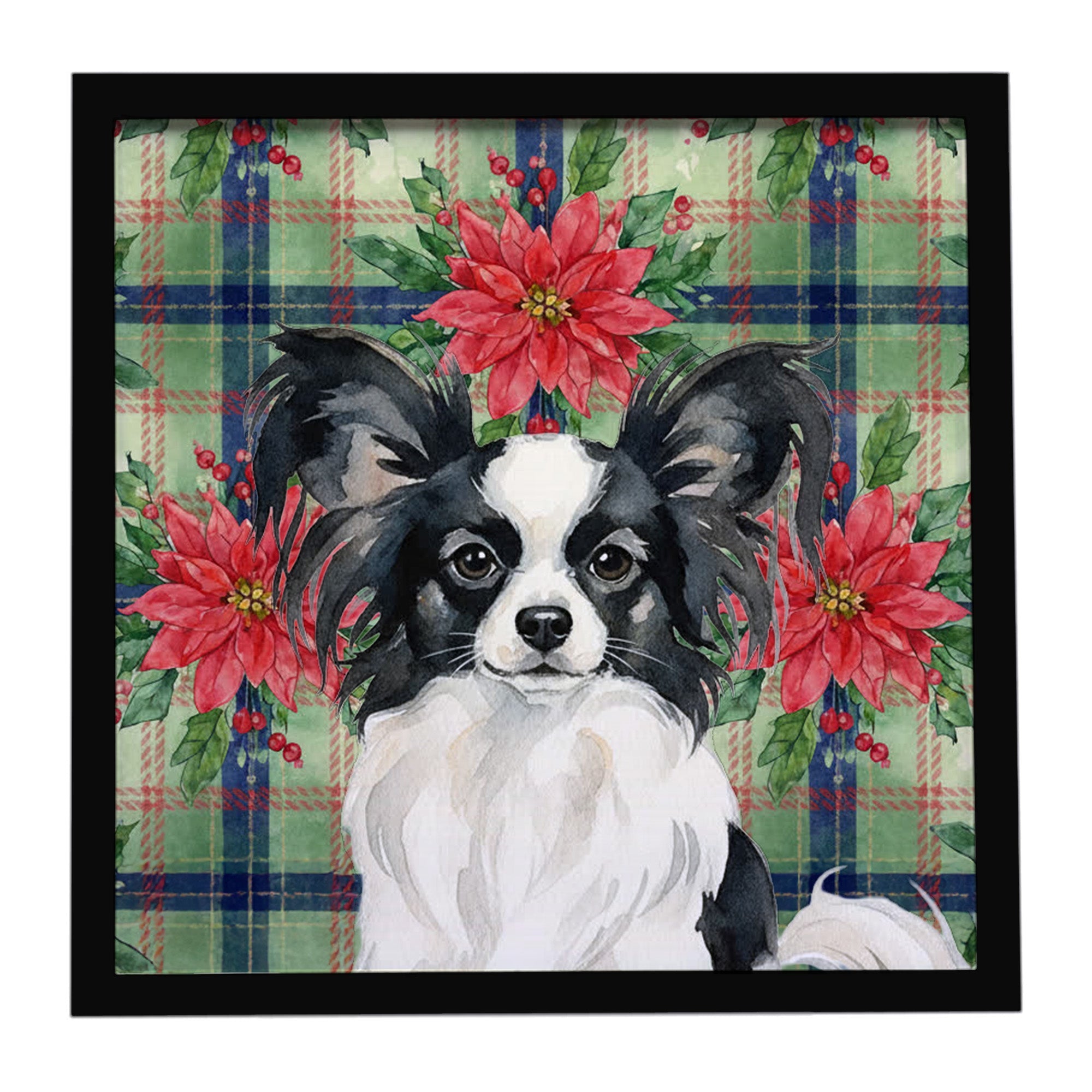 Black and White Papillon Christmas PoinsettIas Framed Metal Print Bathroom, Kitchen, Office, Home Decor Wall Art Ready to Hang, Square, 8X8