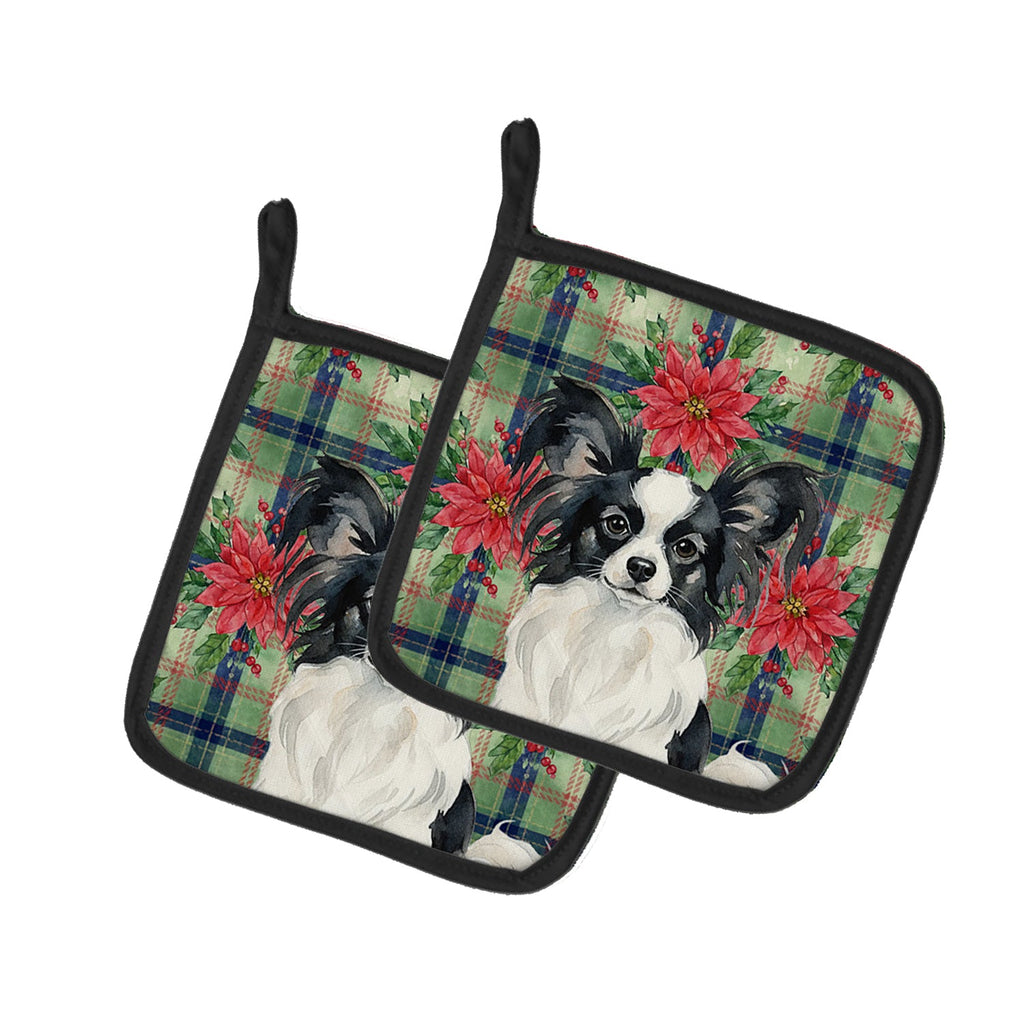 Black and White Papillon Christmas PoinsettIas Pot Holder Set of 2 Heat Resistant Quilted Hot Pads 7.5 x 7.5 Inch, Insulated Kitchen Trivets for Cooking & Baking