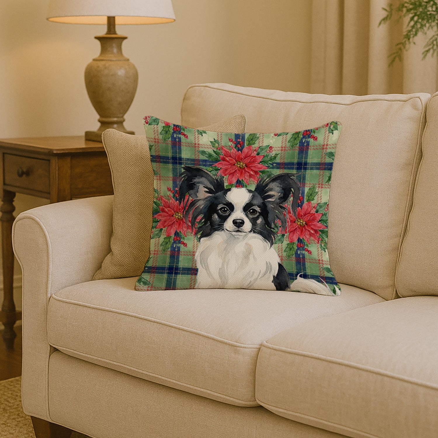 Black and White Papillon Christmas PoinsettIas Decorative Throw Pillow 14x14 Indoor Outdoor Accent Cushion, Fabric Cover with Insert for Sofa, Bed, Porch & Living Room