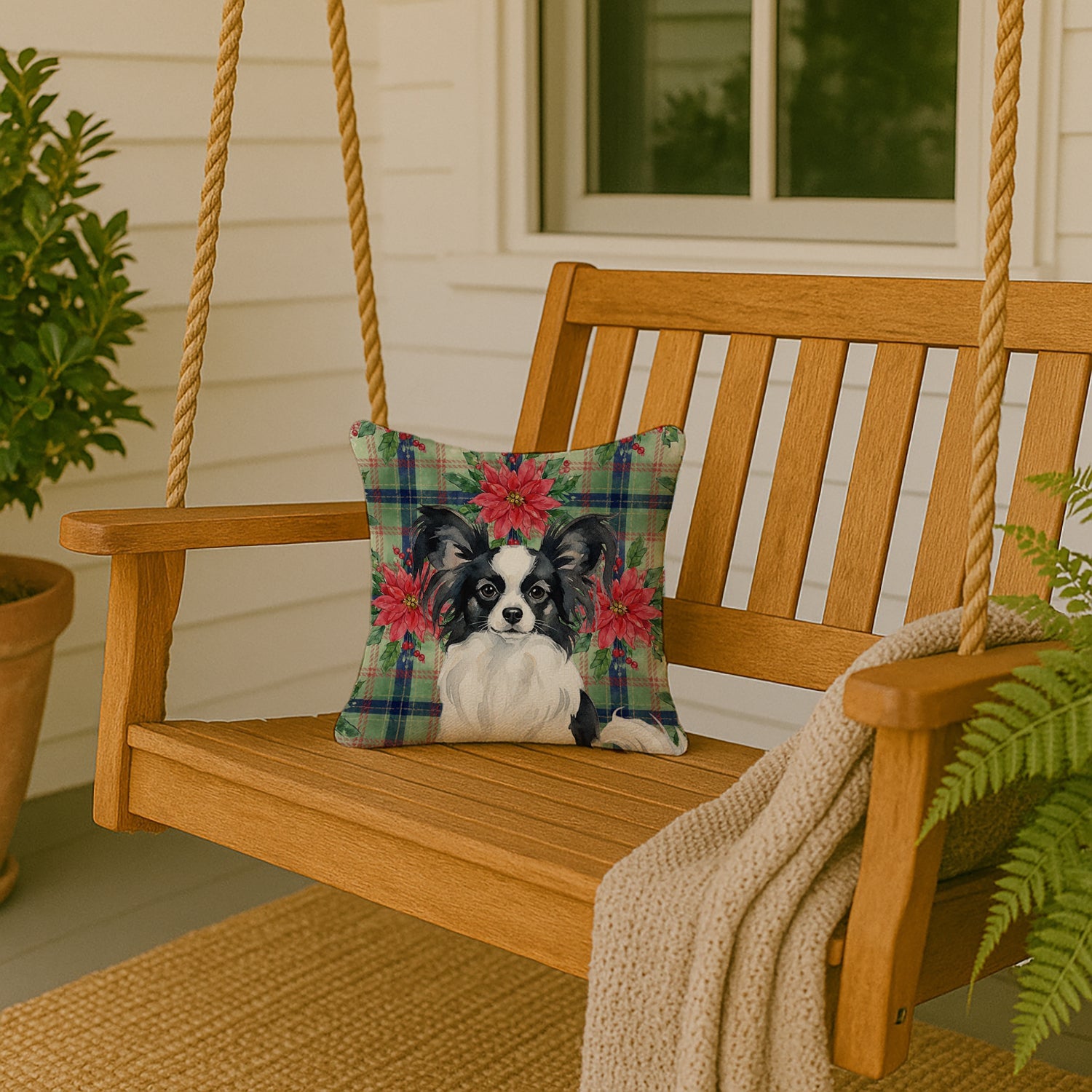 Black and White Papillon Christmas PoinsettIas Decorative Throw Pillow 14x14 Indoor Outdoor Accent Cushion, Fabric Cover with Insert for Sofa, Bed, Porch & Living Room