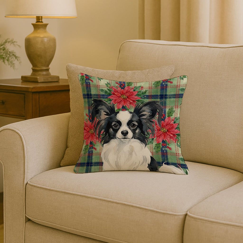 Black and White Papillon Christmas PoinsettIas Decorative Throw Pillow 18x18 Indoor Outdoor Accent Cushion, Fabric Cover with Insert for Sofa, Bed, Porch & Living Room