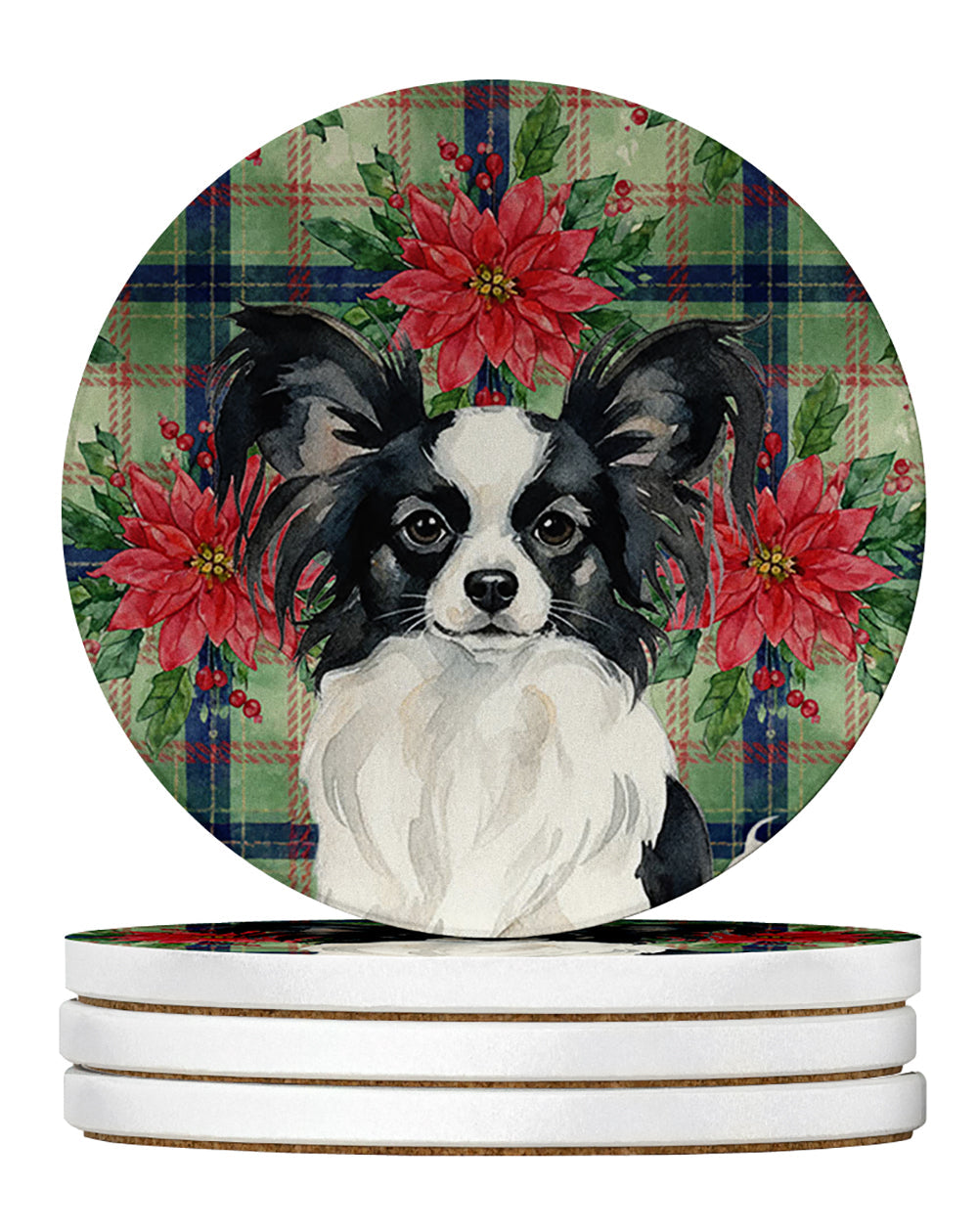 Black and White Papillon Christmas PoinsettIas Large Sandstone Coasters Pack of 4 Absorbent Round Coasters Decor Gifts for Men or Women, 4 in, Multicolor