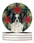 Black and White Papillon Christmas PoinsettIas Large Sandstone Coasters Pack of 4 Absorbent Round Coasters Decor Gifts for Men or Women, 4 in, Multicolor