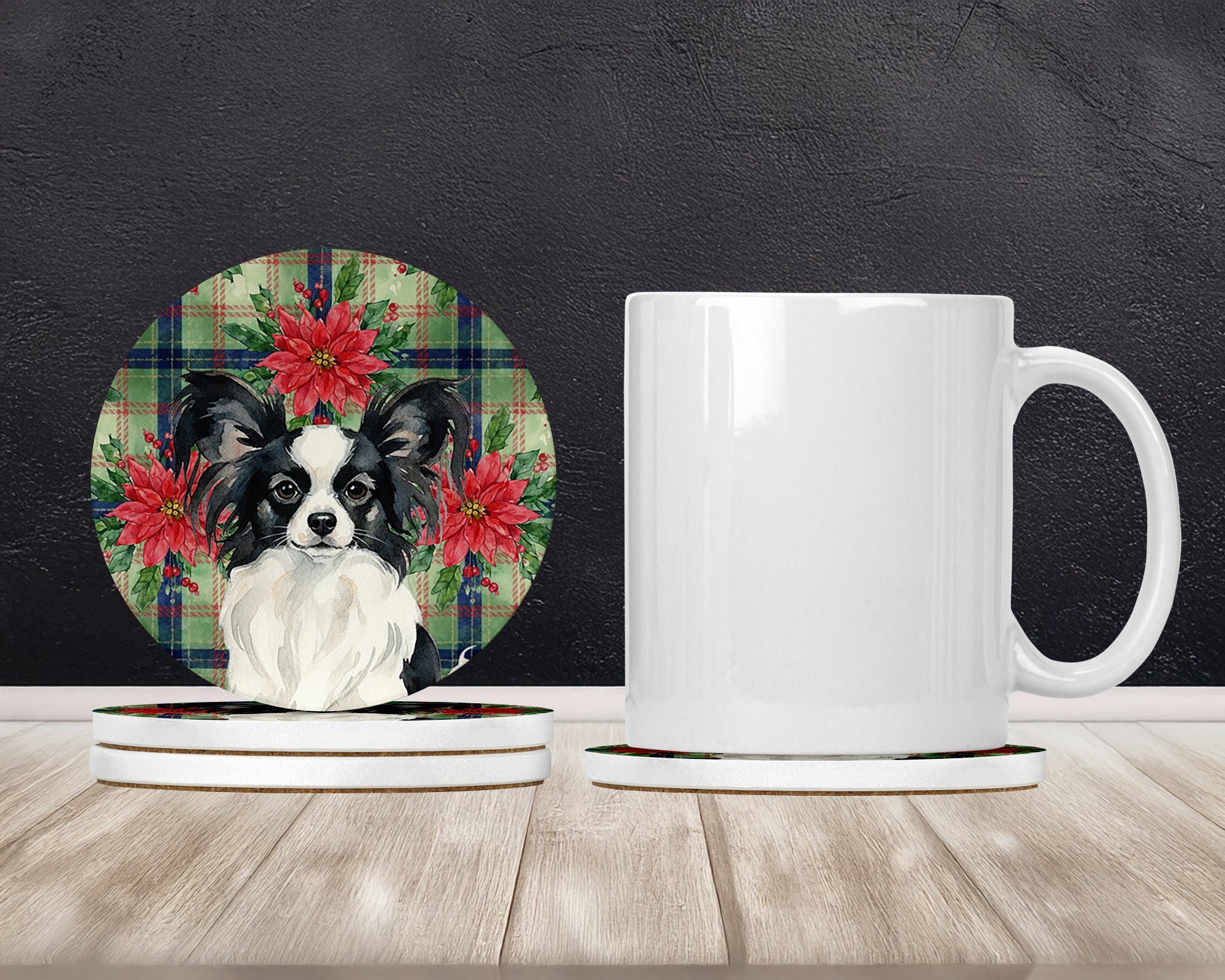 Black and White Papillon Christmas PoinsettIas Large Sandstone Coasters Pack of 4 Absorbent Round Coasters Decor Gifts for Men or Women, 4 in, Multicolor
