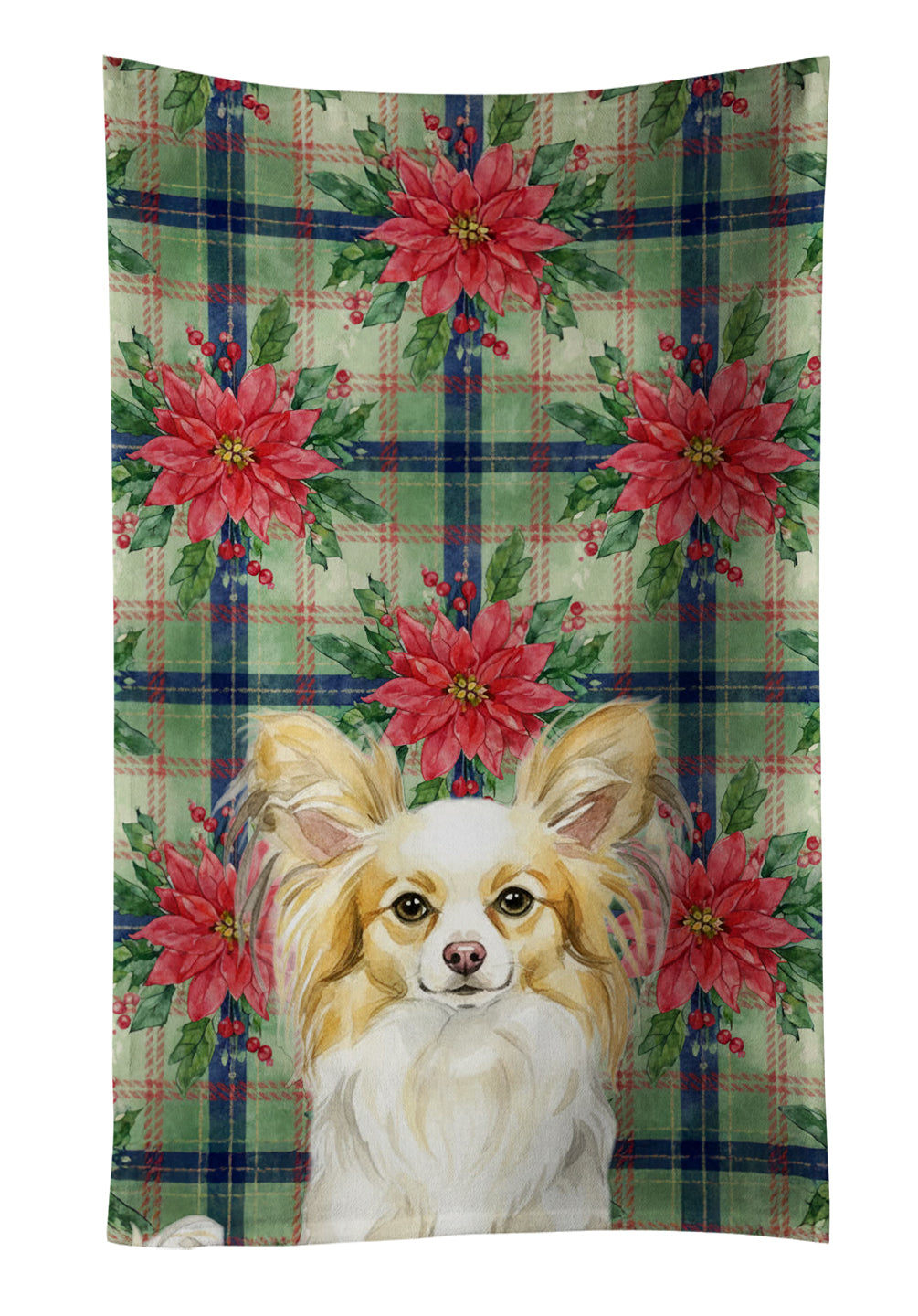 Lemon and White Papillon Christmas PoinsettIas Kitchen Towel Velour Plush Front and Cotton Loop Back Machine Washable