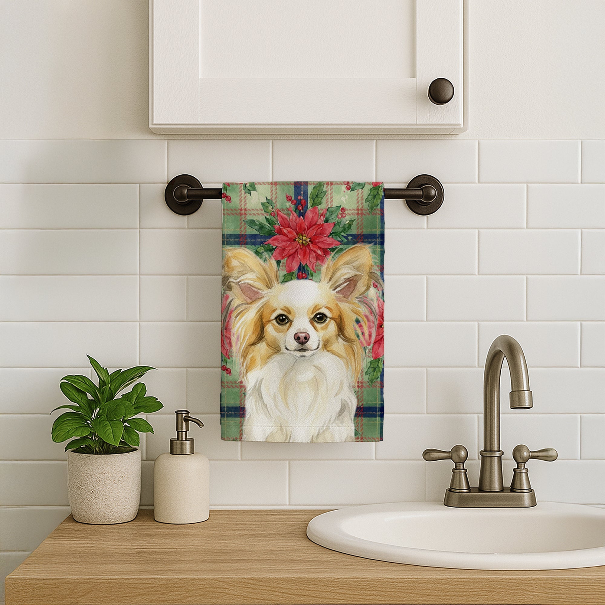 Lemon and White Papillon Christmas PoinsettIas Kitchen Towel Velour Plush Front and Cotton Loop Back Machine Washable