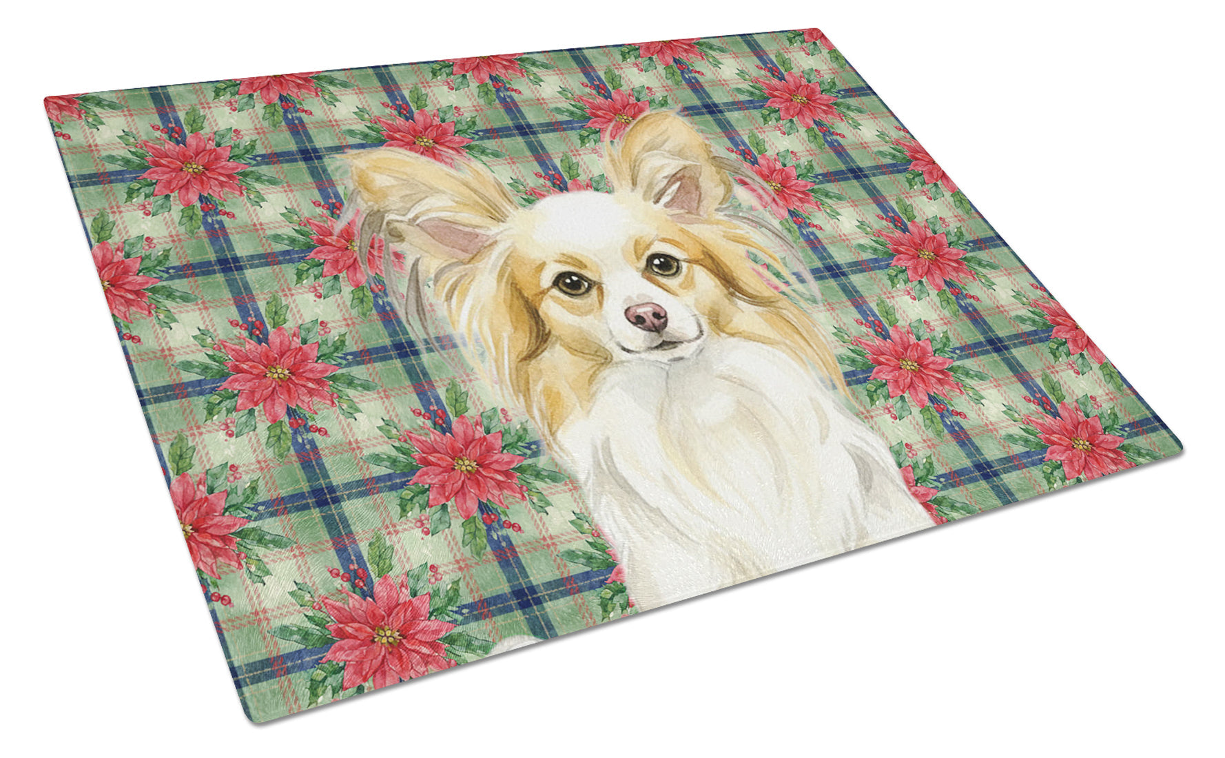 Lemon and White Papillon Christmas PoinsettIas Cutting Board Tempered Glass Kitchen Cutting Surface, Heat Resistant Chopping, Non-Slip Feet, Food Prep & Serving