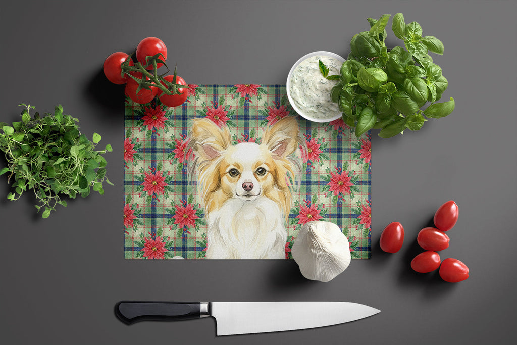 Lemon and White Papillon Christmas PoinsettIas Cutting Board Tempered Glass Kitchen Cutting Surface, Heat Resistant Chopping, Non-Slip Feet, Food Prep & Serving