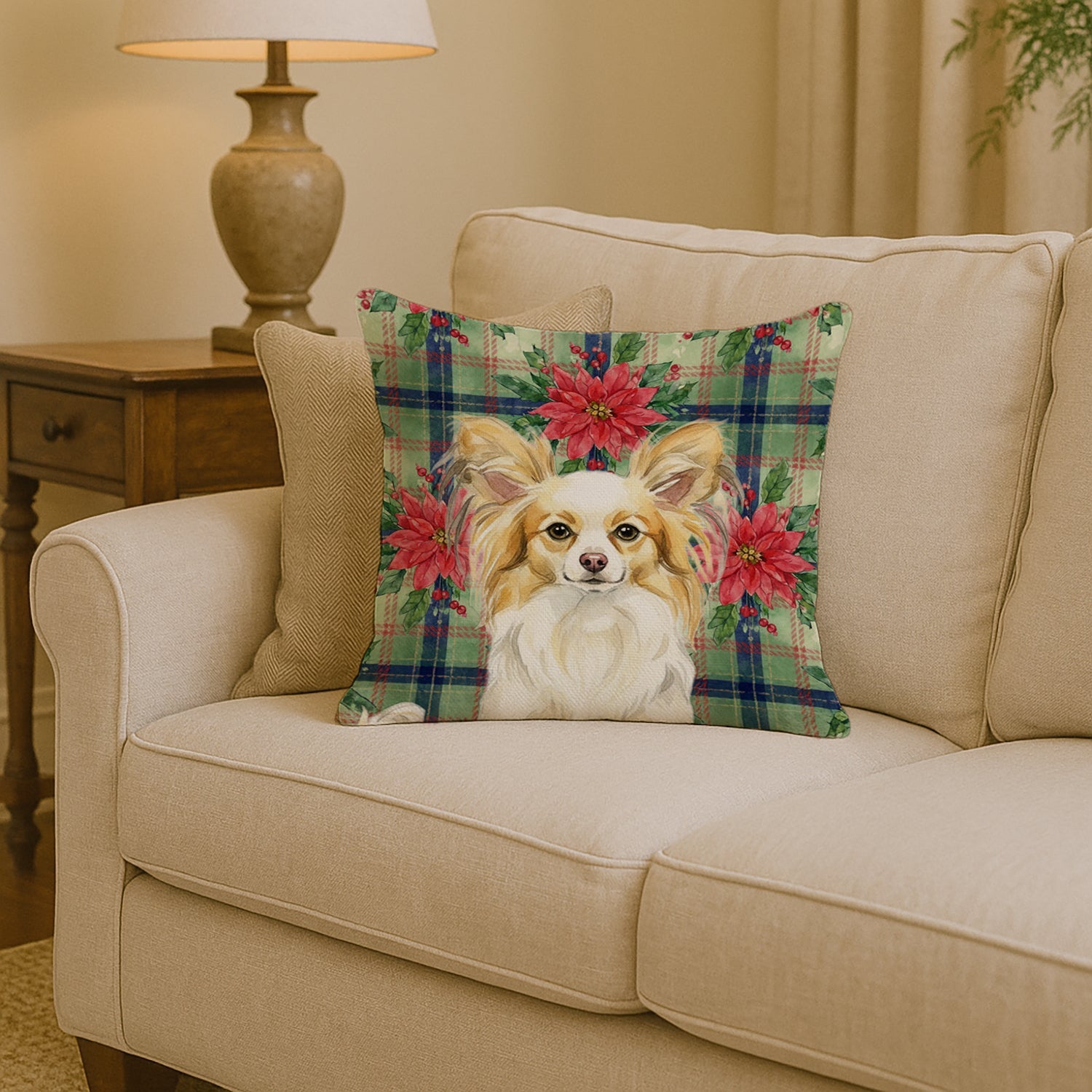 Lemon and White Papillon Christmas PoinsettIas Decorative Throw Pillow 14x14 Indoor Outdoor Accent Cushion, Fabric Cover with Insert for Sofa, Bed, Porch & Living Room