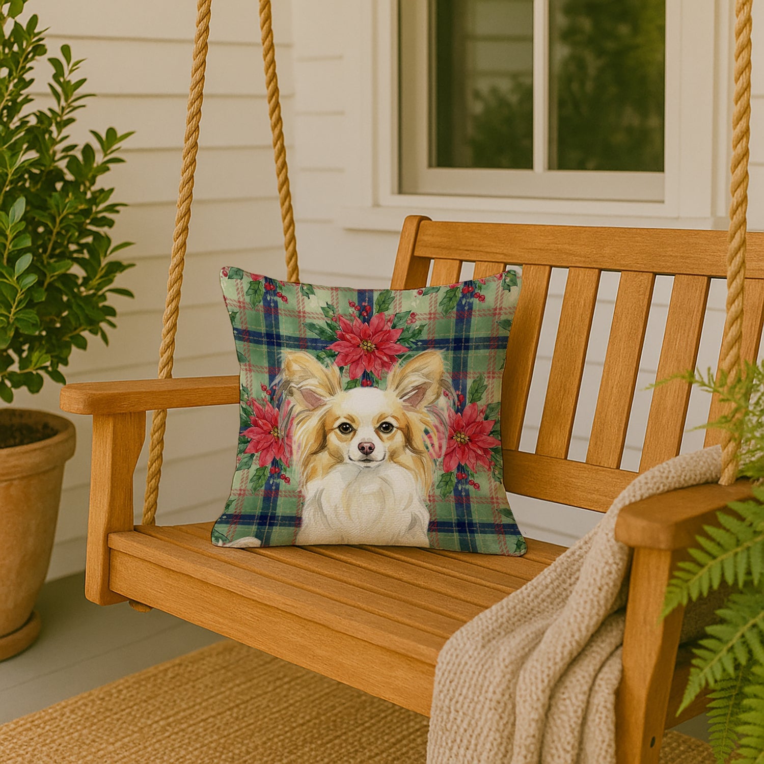 Lemon and White Papillon Christmas PoinsettIas Decorative Throw Pillow 18x18 Indoor Outdoor Accent Cushion, Fabric Cover with Insert for Sofa, Bed, Porch & Living Room