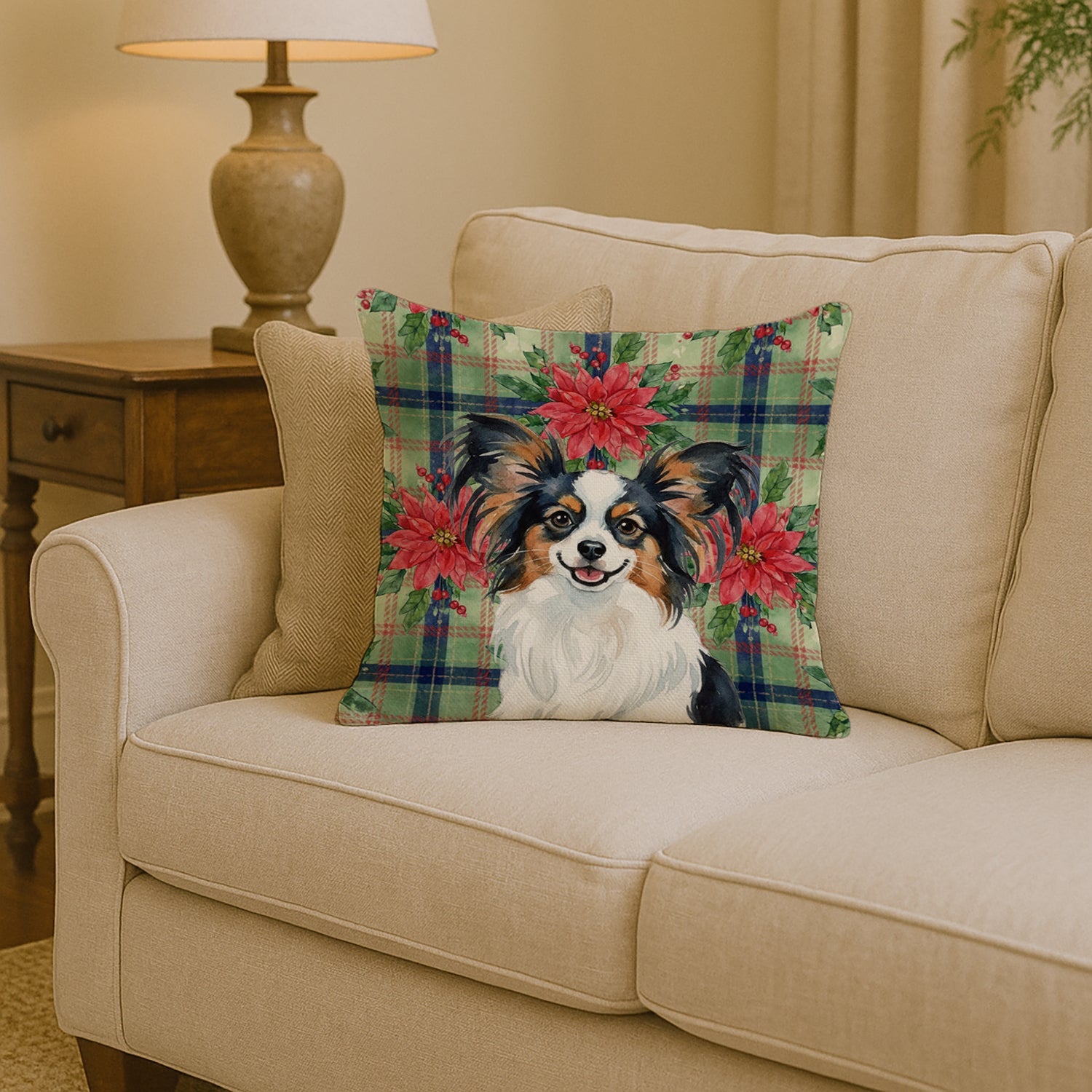 Tricoilor Papillon Christmas PoinsettIas Decorative Throw Pillow 14x14 Indoor Outdoor Accent Cushion, Fabric Cover with Insert for Sofa, Bed, Porch & Living Room